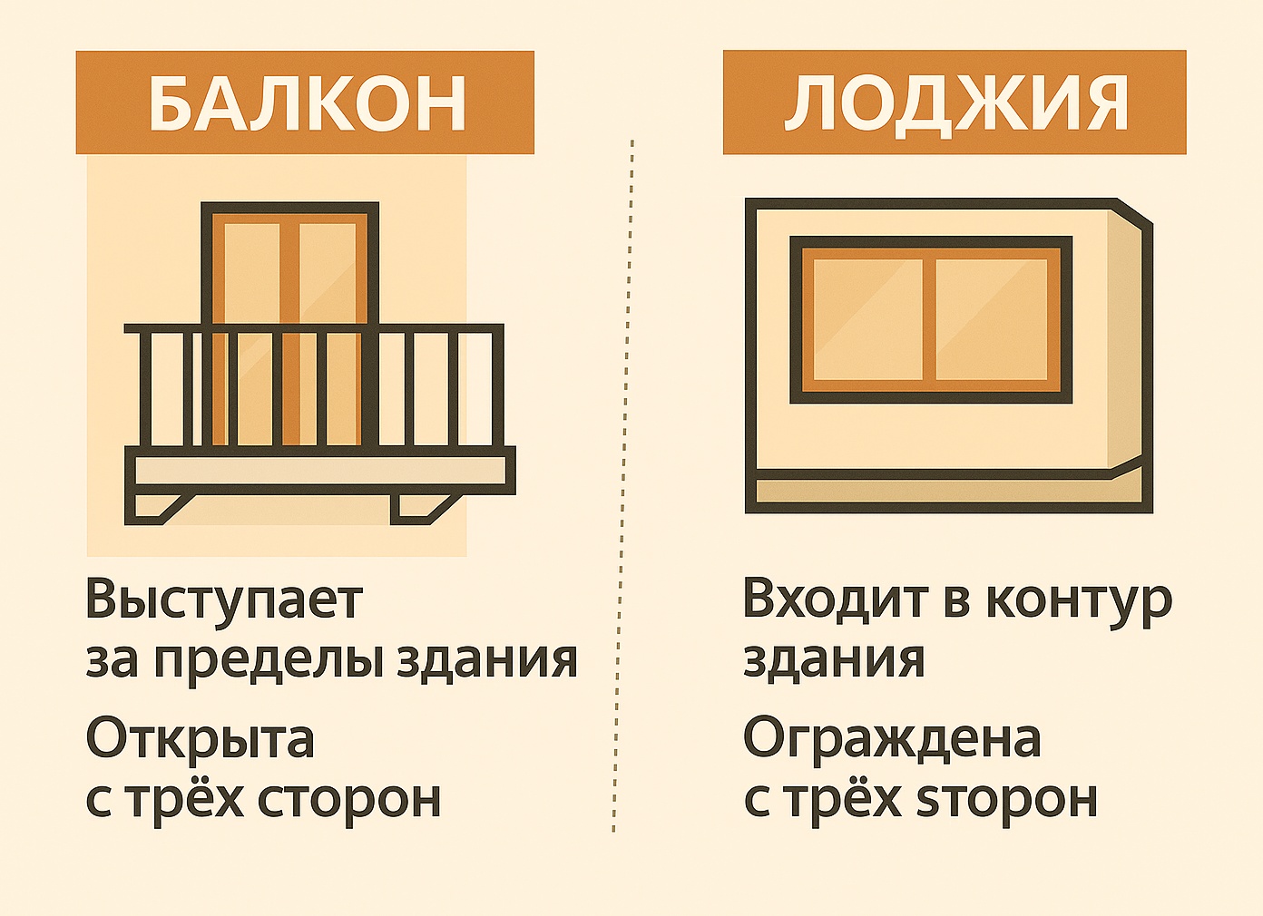 Отличие балкона от лоджии. Чем отличается СНИП, по закону