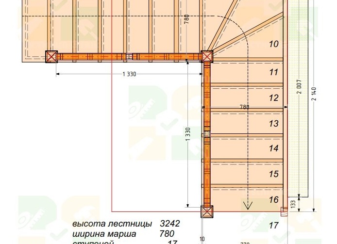 Расчет лестницы с поворотом на 90 градусов