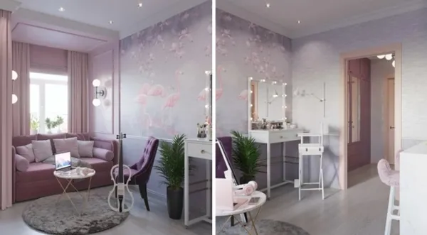 Обои с рисунком на акцентной стене в розово-сиреневых тонах помогут зрительно увеличить полезную площадь комнаты.