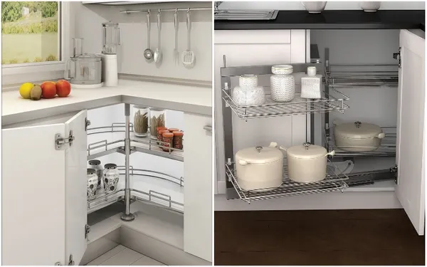 Выдвижные полки в угловых шкафах – идеальный вариант для оптимизации пространства маленьких кухонь.