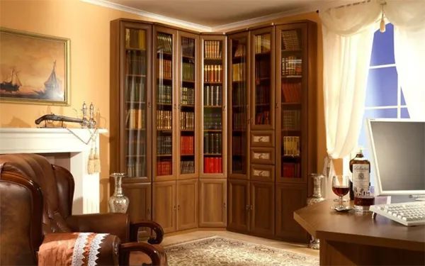 Современный книжный шкаф из МДФ смотрится в гостиной не хуже деревянного