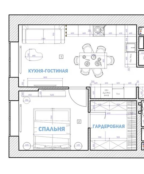 В этом пространстве главную роль играет кухня, что довольно нетипично. Но такая планировка имеет место быть. Если в квартире живет большая семья, хозяева много и с удовольствием готовят.