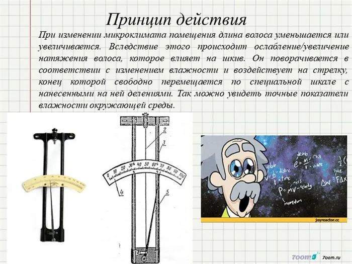 Принцип действияПри изменении микроклимата помещения длина волоса уменьшается. 