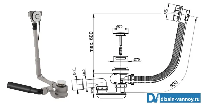 Слив перелив для ванны полуавтомат